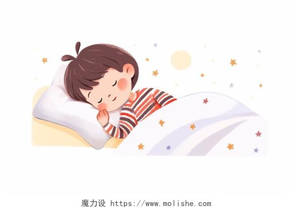 可爱的小男孩睡在床上卡通AI插画儿童睡觉世界睡眠日